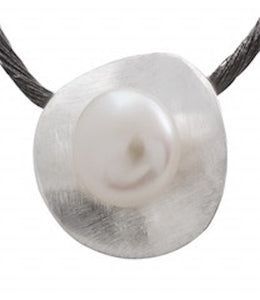 Sterling Silver Sandblasted Pendant with Genuine Pearl | Elegant Textured Necklace - Model 535-001