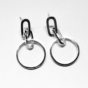 Contemporary Sterling Silver Hoop Earrings - Geometric Link Drop Design - Model 1214-063