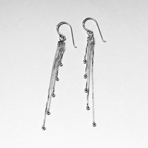 Long Sterling Silver Tassel Earrings with Bead Accents - Elegant Cascading Jewelry - Model 1212-082