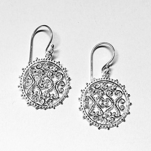 Ornate Scrollwork Medallion Earrings -Sterling Silver Vintage-Inspired Dangles - Model 1211-069