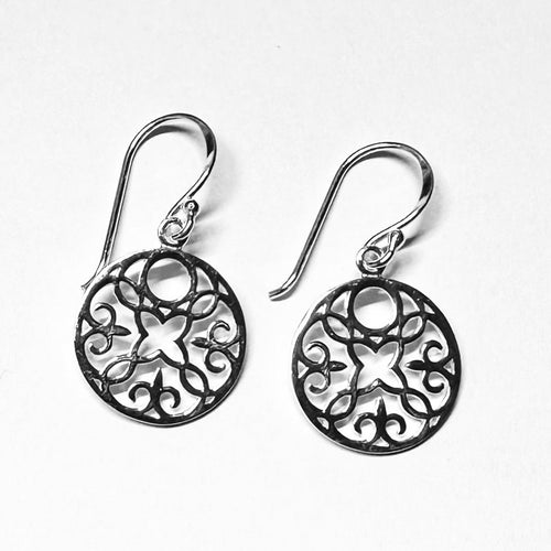 Floral Mandala Filigree Earrings - Sterling Silver Round Openwork Dangles - Model 1211-070