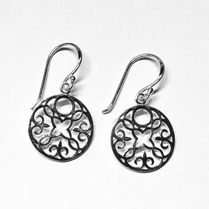 Floral Mandala Filigree Earrings - Sterling Silver Round Openwork Dangles - Model 1211-070