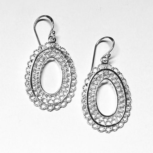 Vintage Lace Filigree Sterling Silver Oval Earrings - Intricate Openwork Drop Jewelry Model 1212-084