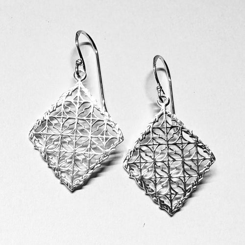 Geometric Webbed Diamond Earrings - Sterling Silver Intricate Lattice Dangles - Model 1211-073