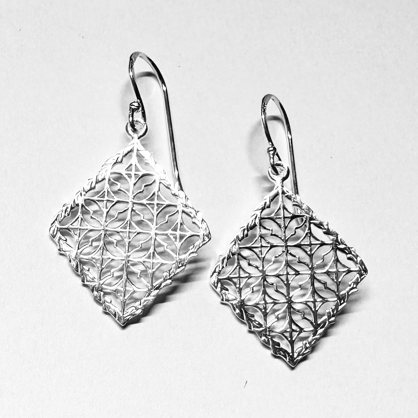 Geometric Webbed Diamond Earrings - Sterling Silver Intricate Lattice Dangles - Model 1211-073