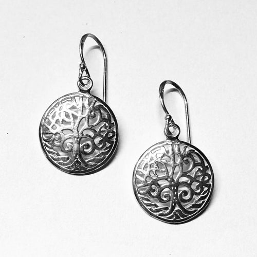 Tree of Life Filigree Earrings - Sterling Silver Circular Tree Motif Dangles - Model 1211-074