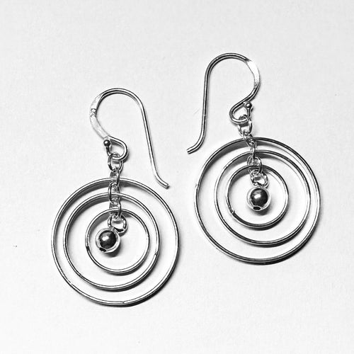 Concentric Circles Sterling Silver Earrings with Bead Charm - Geometric Dangle Jewelry - Model 1212-090
