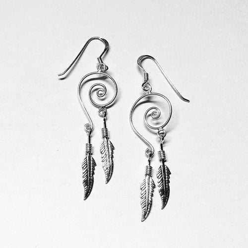 Bohemian Spiral Sterling Silver Earrings with Feather Charms - Whimsical Dangle Jewelry - Model 1212-091