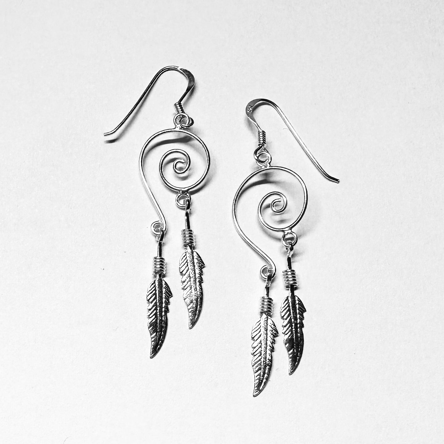 Bohemian Spiral Sterling Silver Earrings with Feather Charms - Whimsical Dangle Jewelry - Model 1212-091