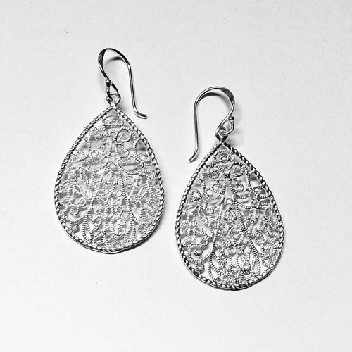 Ornate Sterling Silver Teardrop Filigree Earrings - Intricate Lacework Dangle Jewelry - Model 1212-093